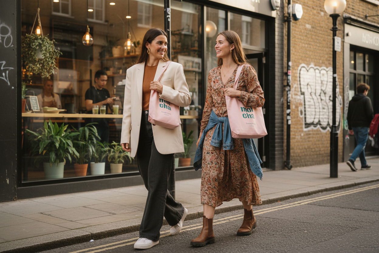 Female models with compact Moi Cha Tote Bag