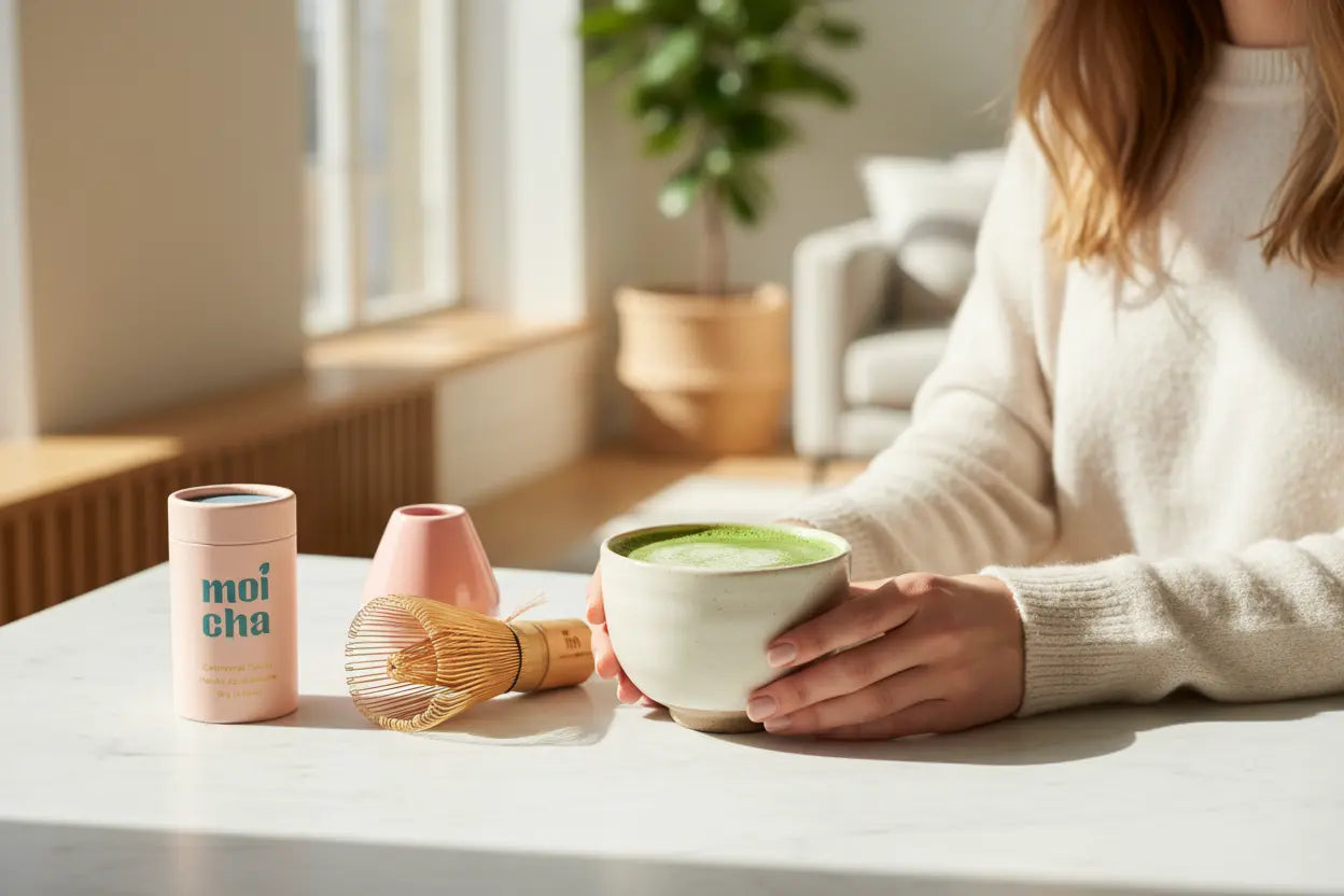 Moicha Matcha lifestyle with whisk holder and bamboo whisk